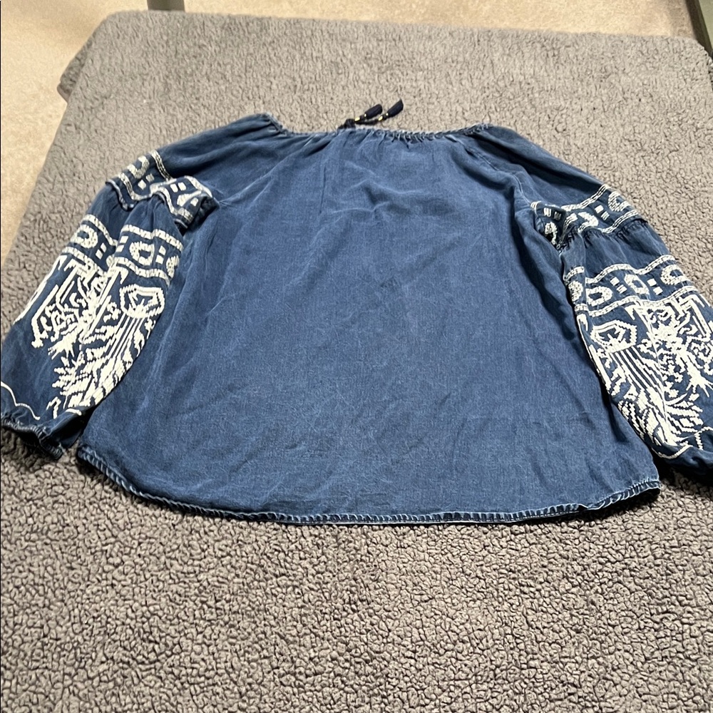 Soft Surroundings Embroidered Indigo Peasant Blouse - White Detail Large - Picture 3 of 10